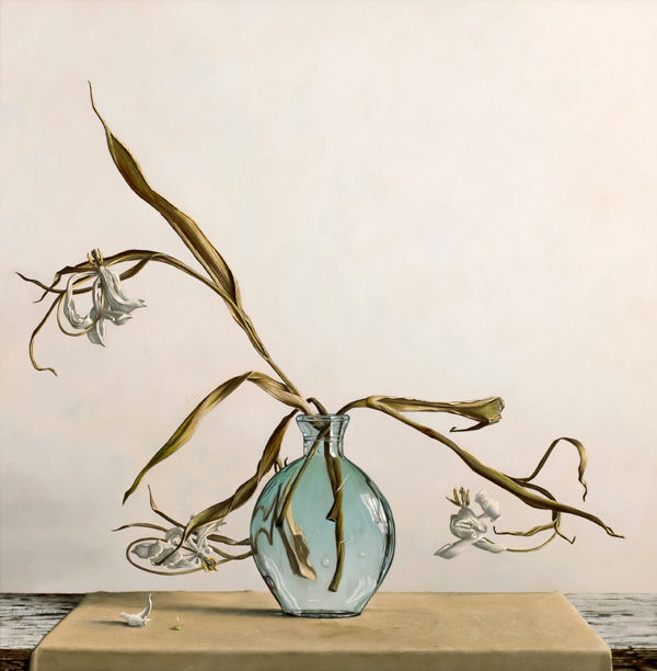 Rob Møhlmann, Drie verdroogde tulpen, olieverf op paneel, 40 x 40 cm