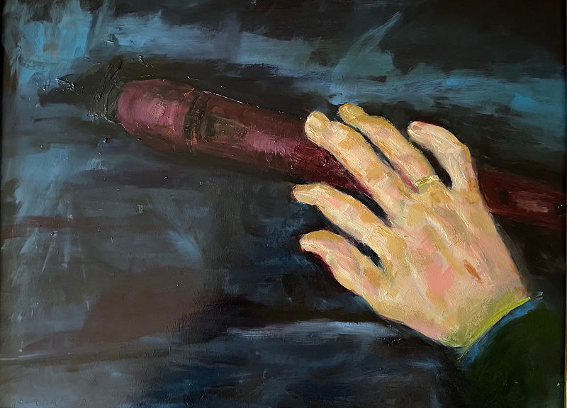 Dinie Goedhart. Hand van de blokfluitist, 30×40, olieverf op paneel, 2021