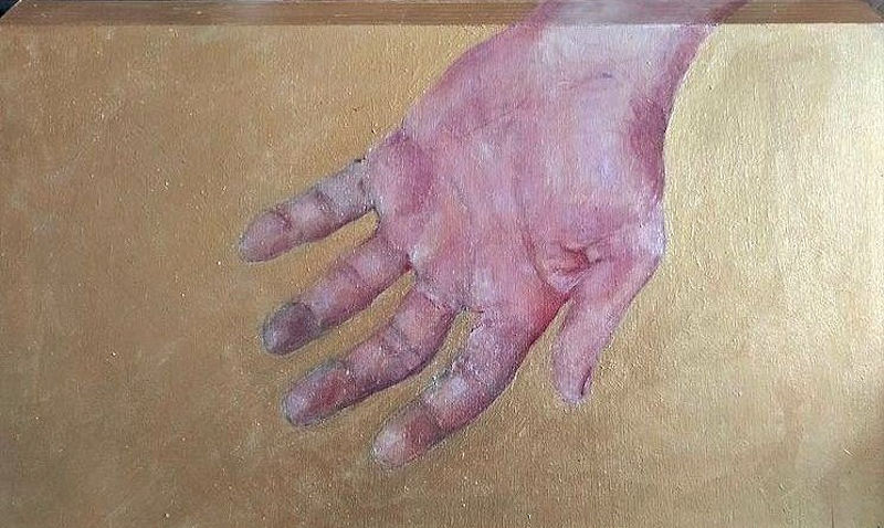 Marianne J. Jansen, 2022, Ik geef je mijn hand, acryl op paneel, 23x37cm