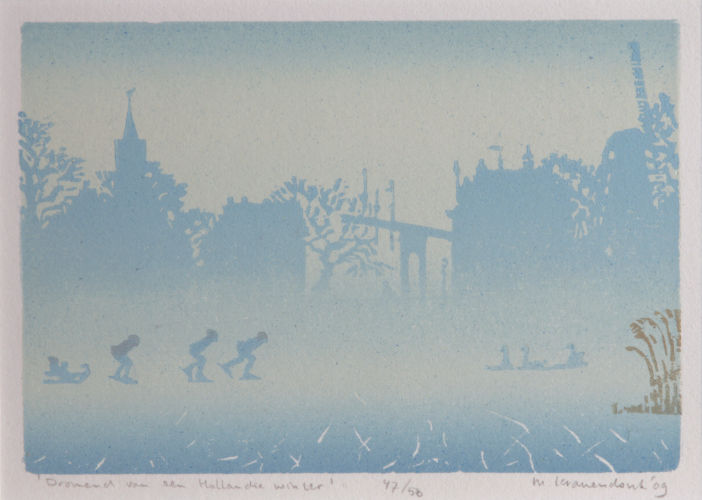 Michiel Kranendonk – Dromend van een hollandse winter, 2009, kleurenhoutsnede, 10,3x15cm